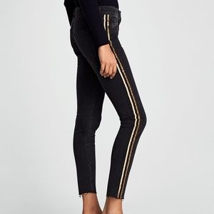 Zara Black Jeans with Gold Ribbon Detail, NEW
